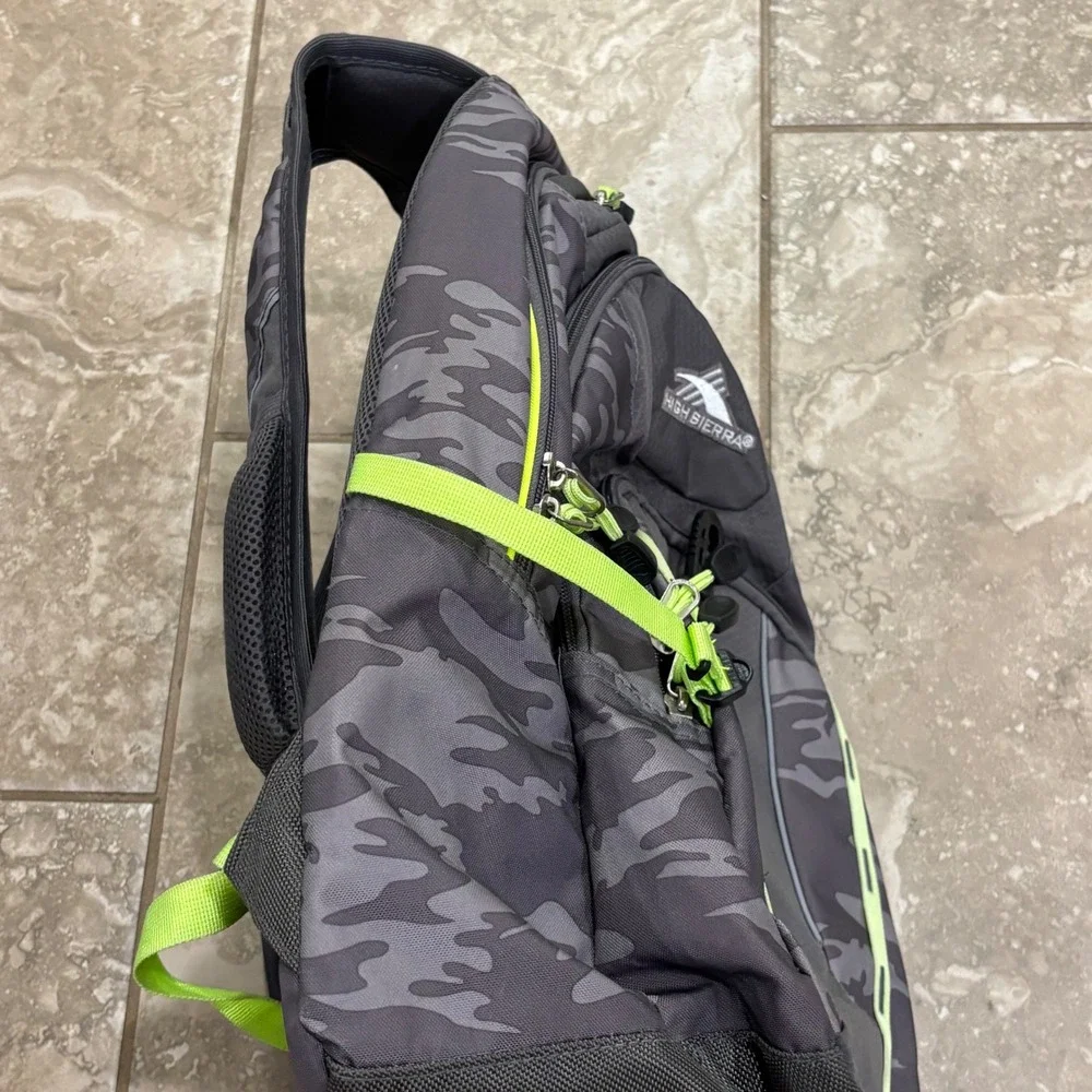 High Sierra Grey Camo Backpack Lime Green Suspension Strap School Hiking Bag
